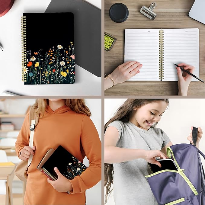 Cute Spiral Notebook journal B5 Aesthetic Pretty Design for Women Girls Kawaii with Pocket, 10 x 7.2 inch, Lined, Black Flower-DeskLoop Office
