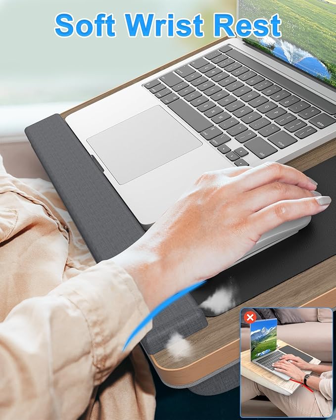 Laptop Lap Desk, Portable Large Laptop Desk for Bed, Up to 17 in Lap Table with Wrist Rest, Mouse Pad, Tablet Phone Slot, Portable Handle, Cushion (Dark Brown Woodgrain)-DeskLoop Office