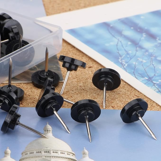 Push Pins 200-count Flat Black Thumb Tacks Steel Point and Plastic Head for Corkboard and Wooden Photo Wall-DeskLoop Office