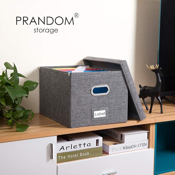 PRANDOM File Organizer Box - Set of 2 Collapsible Decorative Linen Filing Storage Hanging File Folders with Lids Office Cabinet Letter/Legal Size Grey (17x14x11.2 inch)-DeskLoop Office