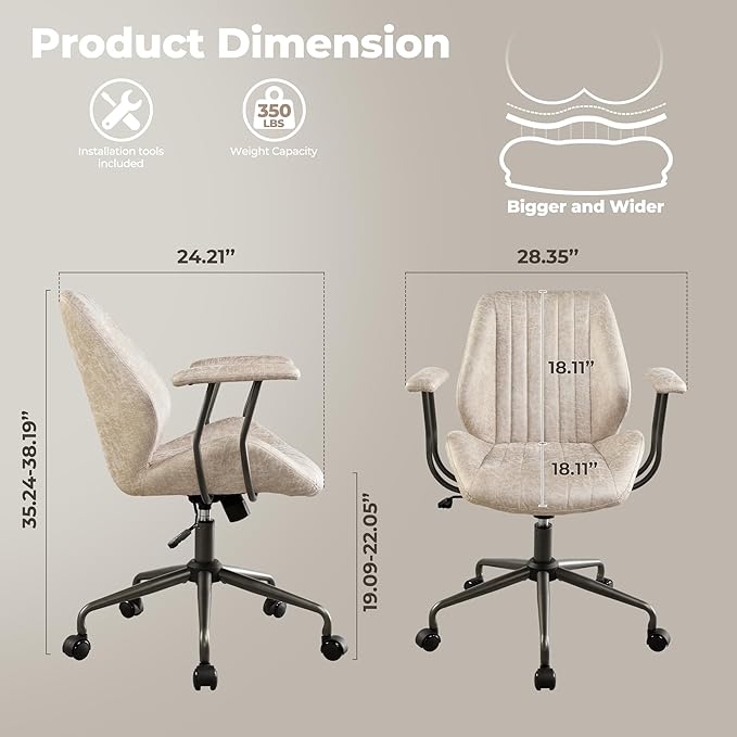 ovios Ergonomic Home Office Chair, Mid-Century Modern Faux Leather Chairs with Padded Armrests, Comfy Mid Back Swivel Rolling Executive Computer Armchair (Beige, Suede Leather)-DeskLoop Office