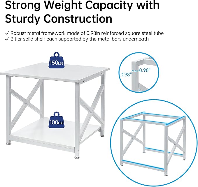 23.6 x 23.6 Inches Large Printer Stand, 2 Tier Square Printer Table with Storage Shelf for Home Office, Multi-use Rolling Cart with Wheels for Laser, 3D Printer and Mini Fridge - White-DeskLoop Office
