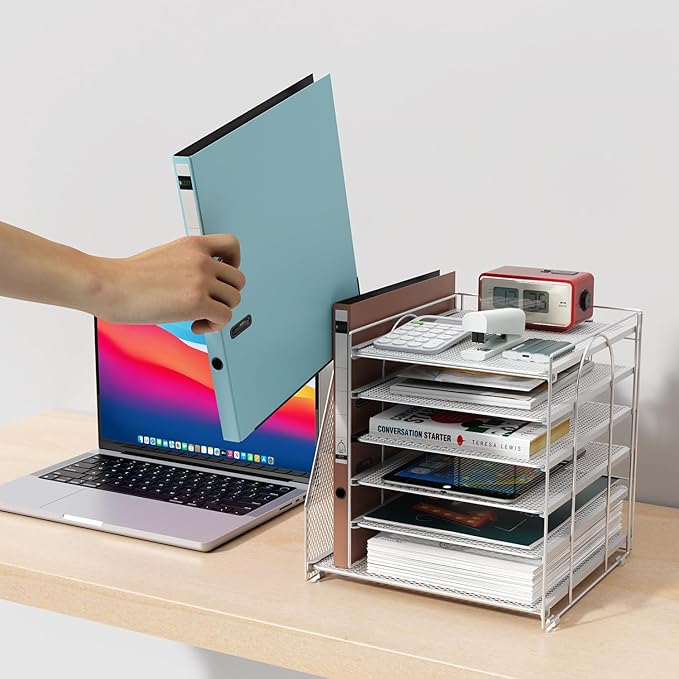 Gianotter Desk Organizers and Accessories, 6-Tier Paper Organizer with Magazine Rack, Office Desk Accessories & Workspace (White)-DeskLoop Office
