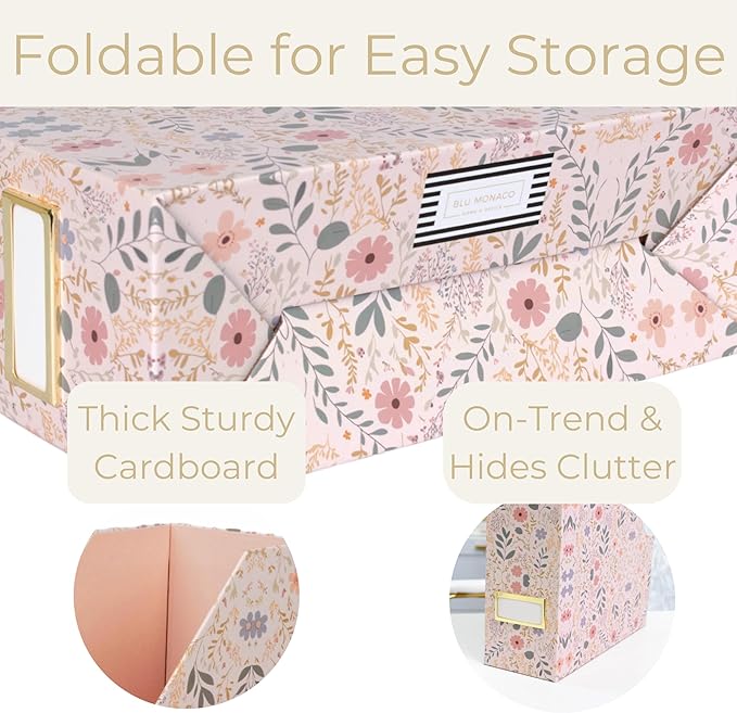 BLU MONACO Foldable Magazine File Set of 4 with Floral Boho Design – Decorative Cardboard Magazine Organizer for Home, Office & Dorm Room – Artistic Magazine Storage Solution-DeskLoop Office