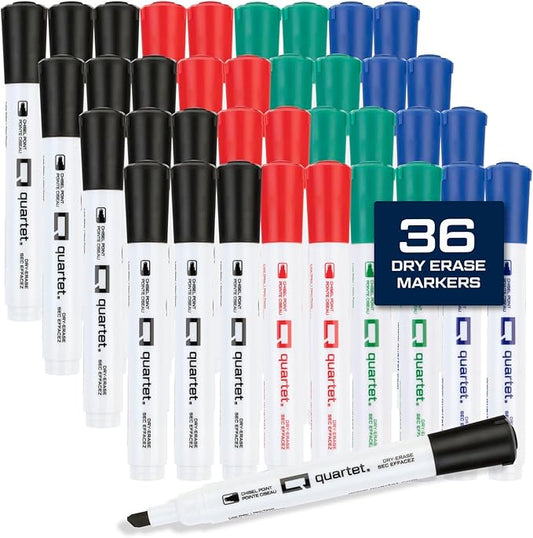 Quartet Dry Erase Markers, Chisel Tip White Board Dry Erase Markers with DryGuard Ink Protection, Office Essentials, Black, Red, Blue, Green, 36 Pack (Q120Z04-R)-DeskLoop Office