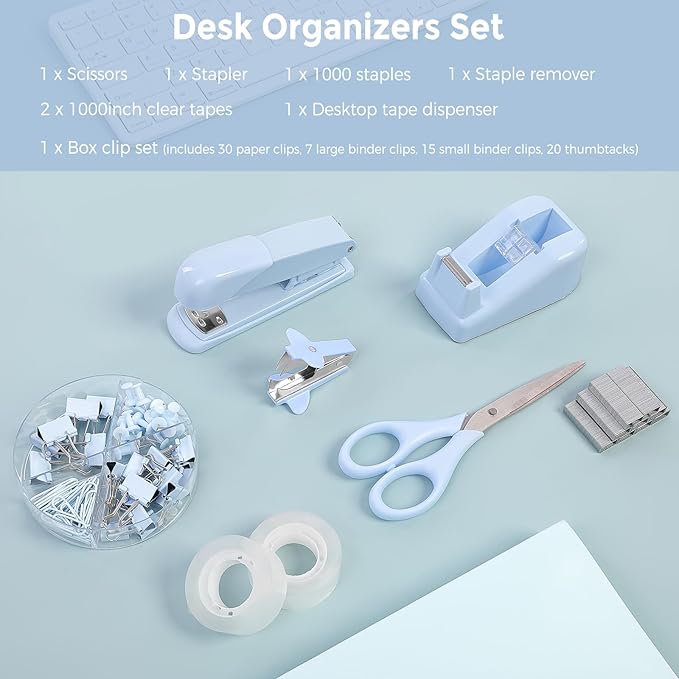 SKYDUE Blue Office Desk Accessories, Blue Office Supplies, Stapler, Tape Dispenser, Scissors, Clips and 1000pcs Staples,Desk Supplies for Women-DeskLoop Office