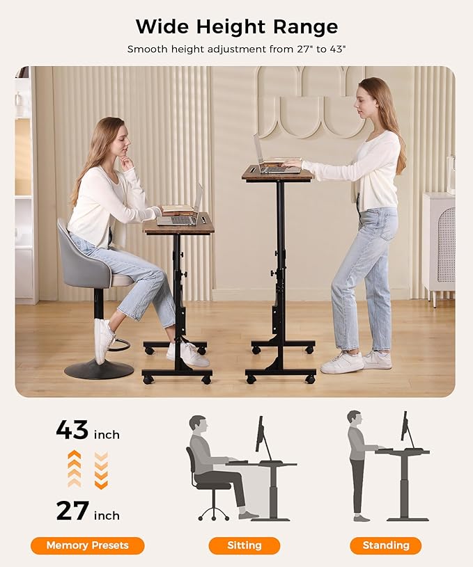 Standing Desk Adjustable Height, Mobile Stand Up Desks with Wheels Small Computer Desks Rolling Desk, Portable Laptop Desks Rustic Standing Table Sit Stand Home Office Desks 16"x31.5" Height 27"-43.5"-DeskLoop Office