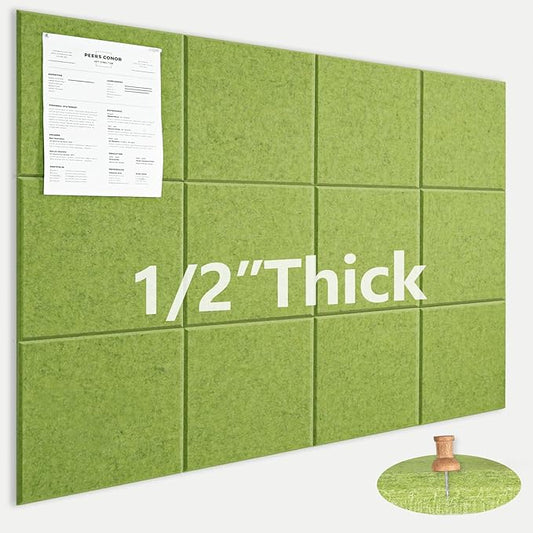Large Cork Board for Office Wall Decor,48"x36"-12 Pack Felt Wall Tiles with Safe Removable Adhesive Tabs, 1/2" Thick, Felt Bulletin Board Pin Board Cork Boards for Walls - Matcha Green-DeskLoop Office