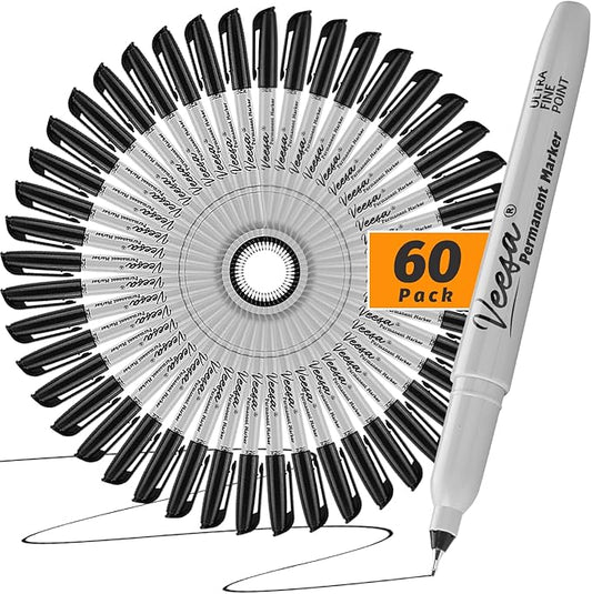 VEESA Permanent Markers Ultra Fine Point, 60 Pack, 0.4mm Black Permanent Markers, Waterproof, Fade-Resistant, Quick Drying, Back to School Supplies-DeskLoop Office