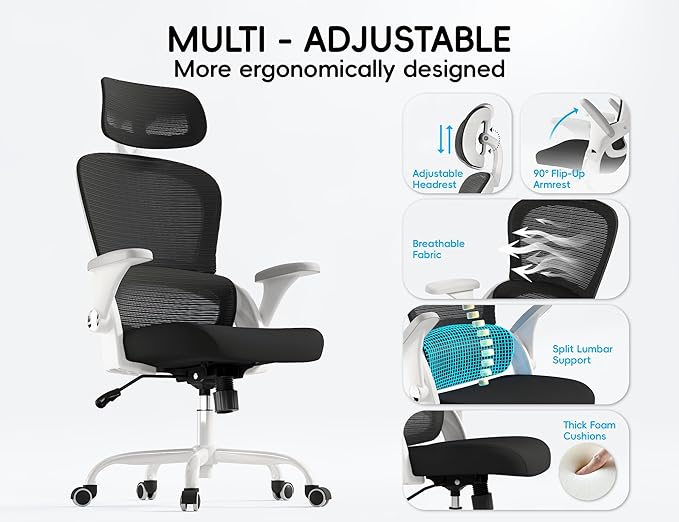 TRALT Office Chair - Ergonomic Office Chair with Back Support, Computer Chair - Home Office Desk Chairs, 330lbs Wide Seat Big and Tall Office Chairs with Headrest, Comfy Desk Chairs (White Black)-DeskLoop Office
