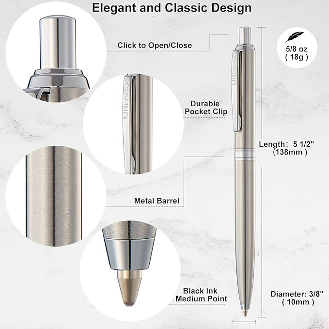 LINFANC 8 Pack Ballpoint Pens, Premium Retractable Metal Ballpoint Pen, Medium Point 1.0mm Black Ink Pen for Home School Work Office Supplies, Stainless Steel Trim, Extra 8 Refills-DeskLoop Office