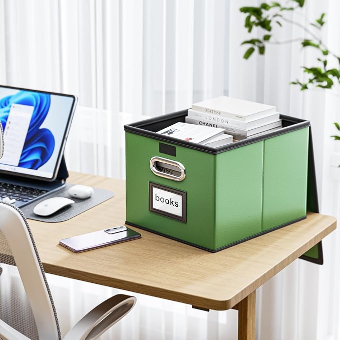 Huolewa Portable Leather File Organizer Storage Boxes, Collapsible File Folder Organizer Boxes with Lids, Document Organizer, Decorative Filing Box Cabinet for Letter/Legal File Folder Storage-DeskLoop Office