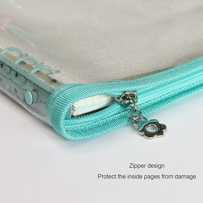 Multibey A5 Binder Cover Clear Soft PVC 6-Ring Binder Budget Cash Evelopes System with Zipper Planner Organizer Refillable Notebook Journal Binder (Cyan, A6)