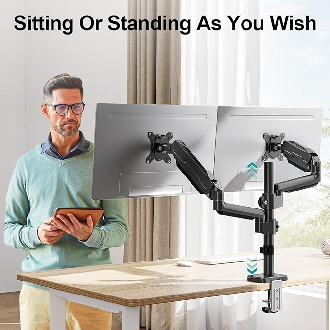 MOUNT PRO Dual Monitor Mount for 13-32" Computer Screen, Tall Monitor Stands for 2 Monitors, Adjustable Gas Spring Double Vertical Monitor Desk Mount, Each Arm Holds 4.4 to19.8lbs, VESA Mount, Black-DeskLoop Office