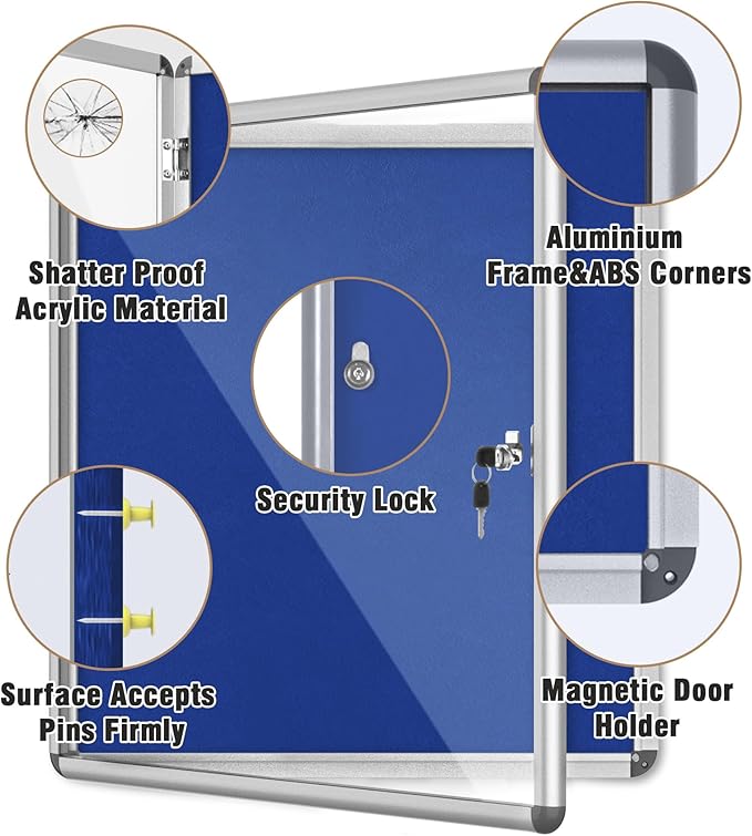 28"x26" Enclosed Bulletin Board, Lockable Weather-Resistant Aluminum Cork Noticeboard for School & Office, Silver Frame w/Blue Flet-DeskLoop Office