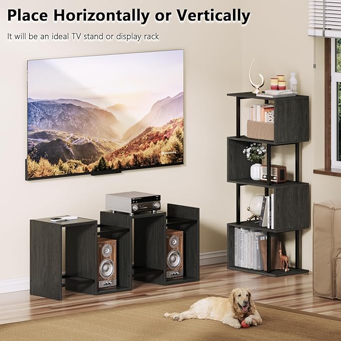 Furologee Geometric Bookshelf 5 Tier Bookcase, Industrial S-Shaped Display Storage Shelf for Small Space, Tall Metal Wood Decorative Standing Shelves for Bedroom, Living Room, Office, Black Oak-DeskLoop Office