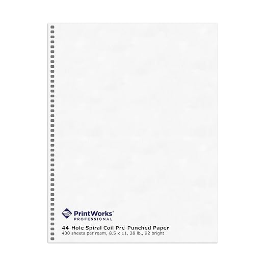 PrintWorks Professional Pre-Punched Spiral Binding Paper - 44-Hole (4:1 Pitch Hole Punch) - Book Binding Printer Paper - Made in the USA - 400 Sheets - 8.5" x 11" - 28 lb - 92 Bright White (04165)-DeskLoop Office