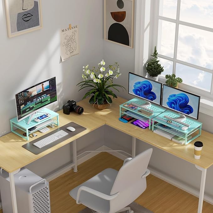 gianotter 2-Tier Metal Monitor Stand Riser, Desk Organizer for Monitor, Office Desk Storage Organizer for Office Supplies (Blue)-DeskLoop Office