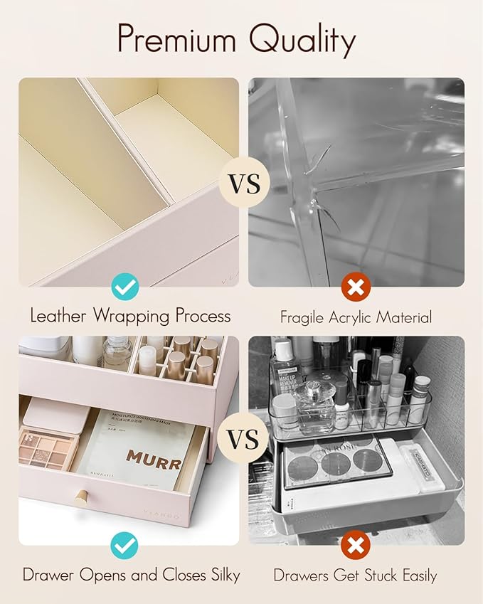Vlando Makeup Organzier,Vanity Organizer with Drawers, PU Leather Skincare Organizer Perfume Organizer,Large Cosmetic Display Case for Lipstick,Brushes Gifts for Women-Apricot White-DeskLoop Office