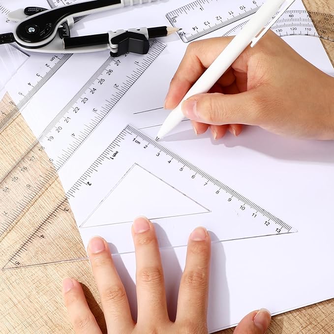 Zonon 1 Set Plastic Geometry Math Set 7 Pcs Includes 6'' / 4 '' Protractor, Drawing Compass, 45/60 Degree Triangle Rulers, 12'' / 6'' Math Ruler Transparent for Office Supplies(Clear)-DeskLoop Office