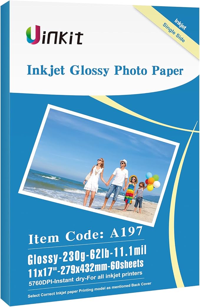 Uinkit 11 x 17 Thick Photo Paper Glossy 11x17 60Sheets 62lb Inkjet Heavyweight 230gsm Gallery show Brochure Pictures Funeral Bulletin Obituary Papers Obituaries Gloss Papers-DeskLoop Office