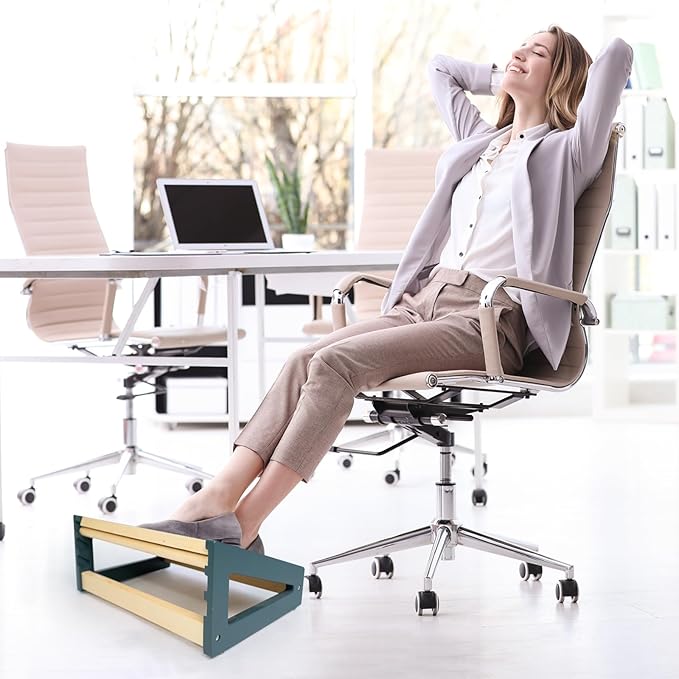WOOD CITY Foot Rest for Under Desk at Work, 3 Heights Adjustable Footrest with Silicone Surface, 2in1 Foot Stool Improve Posture, Reduce Fatigue & Pain, Ideal for Home/Office/Gaming(Natural-Deep Blue)-DeskLoop Office