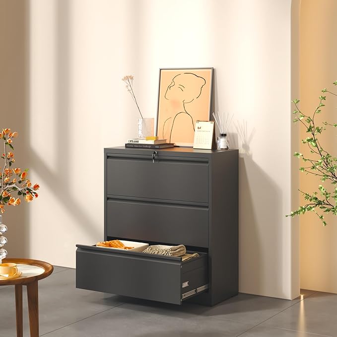 3 Drawer Lateral File Cabinet with Lock, Metal Lateral Filing Cabinet for Home Office, Steel Wide Horizontal Filing Cabinets for Letter/Legal/A4/F4 Hanging Files (Black)