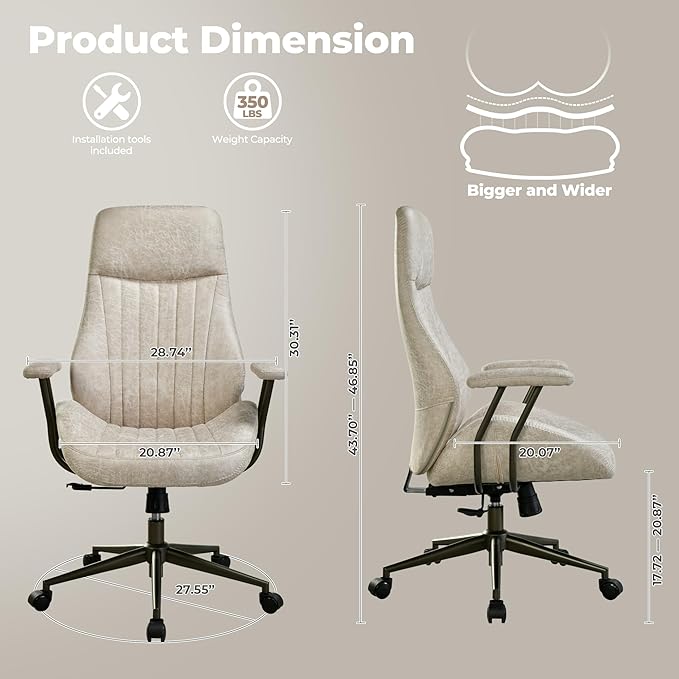 ovios Ergonomic Home Office Chair, Mid-Century Modern Faux Leather Chairs with Padded Armrests, Comfy High Back Swivel Rolling Executive Computer Armchair (Beige, Suede Leather)-DeskLoop Office