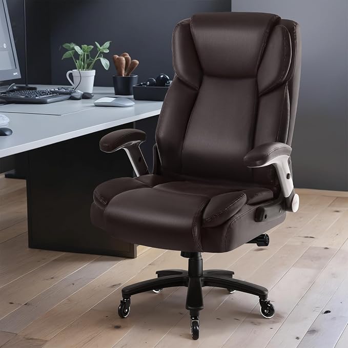 Big and Tall Office Chair 600lbs, Heavy Duty Executive Office Chair for Heavy People, Brown High Back Office Leather Ergonomic Chair with Adjustable Armrests and Lumbar Support for Computer Desk Chair-DeskLoop Office
