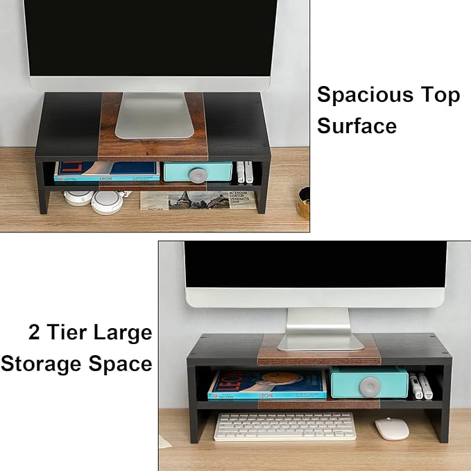 TEAMIX 2 Tiers Desktop Monitor Stand Riser 20 Inch Printer Stand with Storage Small TV Riser Laptop Wooden Desk Organizer Shelf Bookshelf (Black+Brown, 2 tiers)-DeskLoop Office