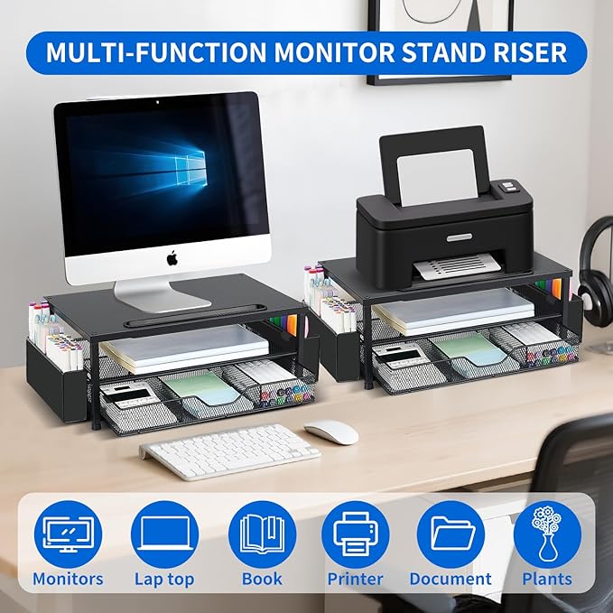 AUPSEN Wood Computer Monitor Stand Riser, 2-Tier Black Desk Organizer with Drawer, Pen Storage & Phone Holder ,Office Desk Accessories Desktop Organizer for Office Supplies