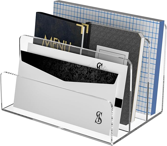 Acrylic File Holder 3 Compartment, Clear Desk File Organizer, Office Magazine File Folder Organizer Desktop for Calculate, Books-DeskLoop Office