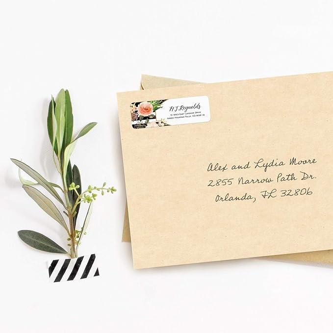 Black and White Stripe Floral Rolled Address Labels/Roll of 500 Personalized Return Address Labels/Designer Return Address Stickers in Elegant Plastic Dispenser-DeskLoop Office