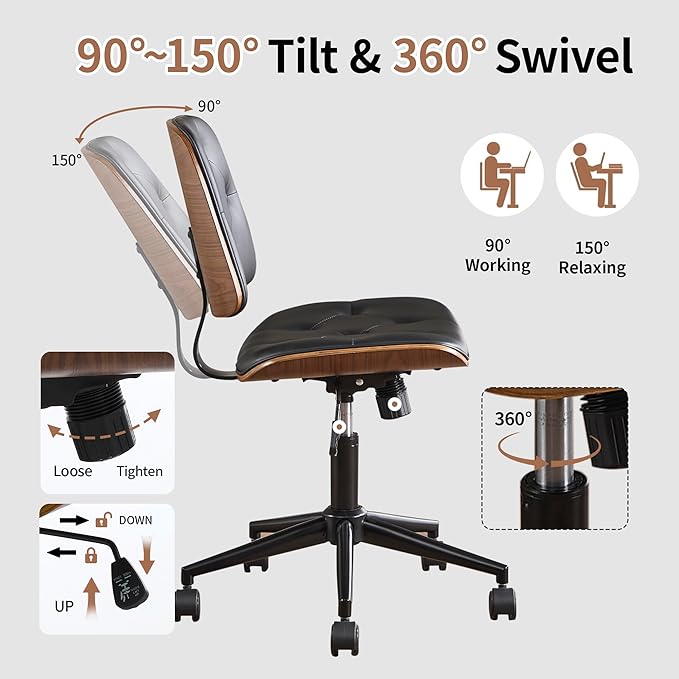 Small Home Office Chair – Armless Mid-Back Desk Chair with PU Leather, Adjustable Height, Swivel Wheels, Modern Walnut Legs for Small Spaces, Black-DeskLoop Office