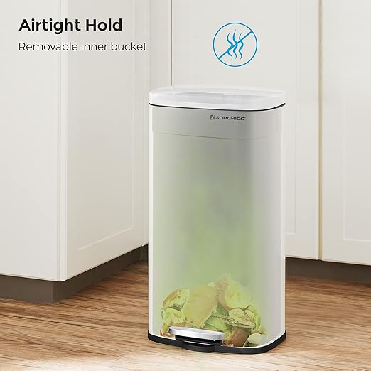 SONGMICS Trash Can with Lid, 8 Gallon Garbage Can, Stainless Steel Small Waste Bin with Step Pedal and Inner Bucket, Soft Close, Kitchen, White ULTB102W01-DeskLoop Office