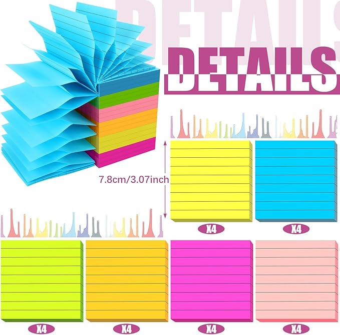 24 Pack Pop Up Sticky Notes 3 x 3 Refills 1200 Sheets Colored Sticky Notes Self Adhesive Memo Pads for Home Office Supplies(Dark Color, Line)-DeskLoop Office