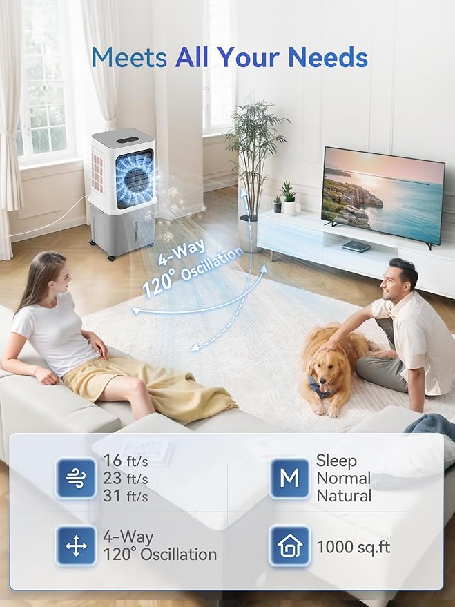 10 Gal Evaporative Air Cooler, 3000CFM Quiet Portable Air Conditioners, 35" Fast Cooling Swamp Cooler, 120° Oscillation, 12H Timer, 3 Speeds & Modes Remote Control for Living Room|Bedroom|Garage-DeskLoop Office