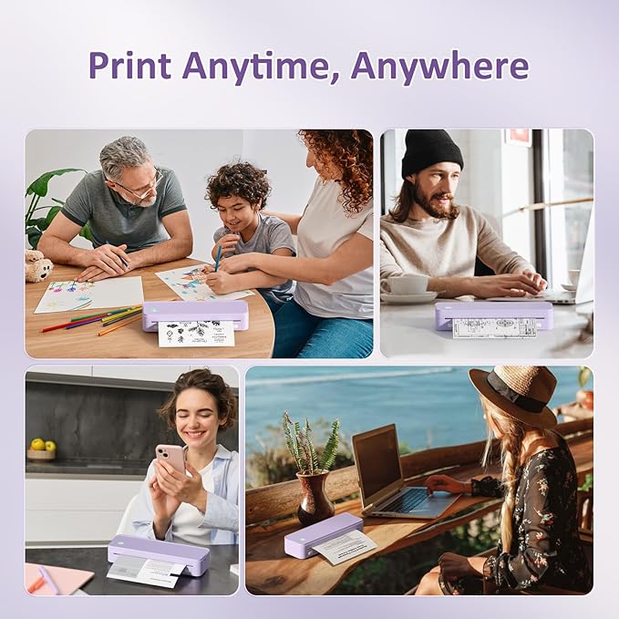 Inkless Portable Printer for Travel, Wireless Thermal Printer Supports 8.5 x 11 Inch US Letter Size, Bluetooth Machine Includes Carry Case and 3 Rolls of Thermal Paper Kit, Purple-DeskLoop Office