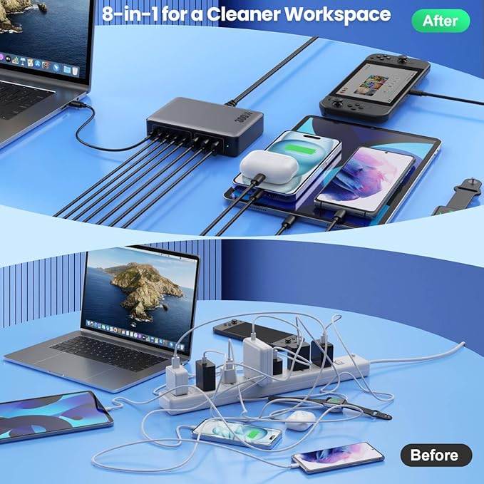 USB C Charger 300W USB C Charger Block, 8-Ports GaN IV Fast Charging Station Hub, Dual PD 100W Laptop Charger Adapter,for MacBook Pro/Air/iPad/iPhone16/15/14/Apple Watch/DELL/Samsung for Home Office-DeskLoop Office