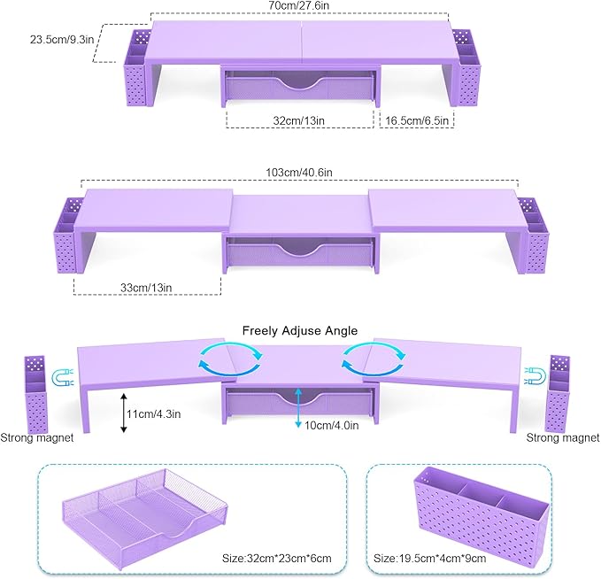 Spacrea Metal Desk Organizers and Accessories, Dual Monitor Stand Riser with Drawer and 2 Pen Holders, Desk Accessories & Workspace Desktop Organizers for Office Supplies (Purple)-DeskLoop Office