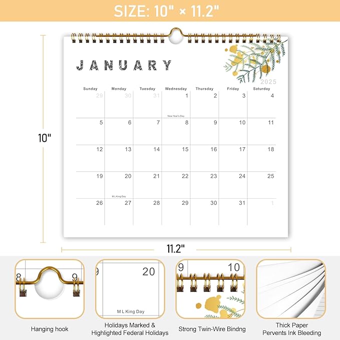 Lbylyhxc 2025 Calendar - from January to December 2025, 2025 12-month wall calendar, 10 x 11.2 inches, heavy paper, suitable for New Year and Christmas Presents (gold leaves)