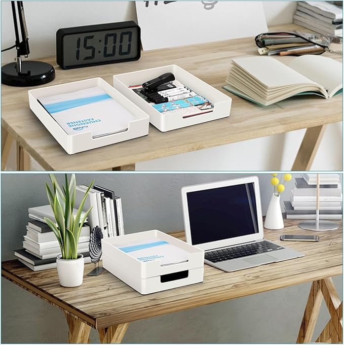 Letter Tray/Paper Tray Organizer for Desk/Stackable Letter Tray Paper Holder File Organizer for Office Supplies School Home Desk Accessories (White) 2Pcs-DeskLoop Office
