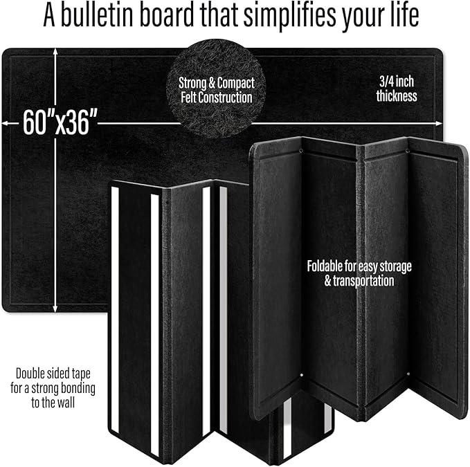 Large Bulletin Board 60 x 36 Inches - Foldable Felt Bulletin Board for Wall, Cork Board Alternative with 100 Color Pins & 12 Note Pads, Vision Board - Black-DeskLoop Office