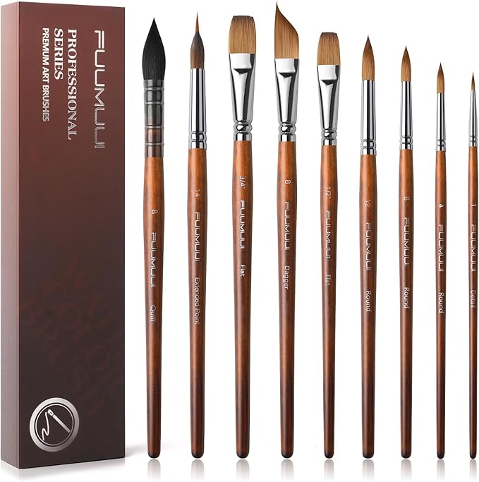 Watercolor Brushes Professional, Fuumuui 9pcs Sable Paint Brushes & Natural Squirrel Mop Brush Set with Extended Needle, Round Point, Flat, Dagger, Quill Wash for Watercolor Gouache Inks-DeskLoop Office