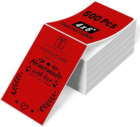 Phomemo 4x6 Thermal Label Printer Paper - 500 PCS Red 4"x6" Fan-Fold Shipping Supplies Labels - Water/Oilproof Label Stickers - Permanent Adhesive 4x6 Mailing Labels Paper for Thermal Printer-DeskLoop Office