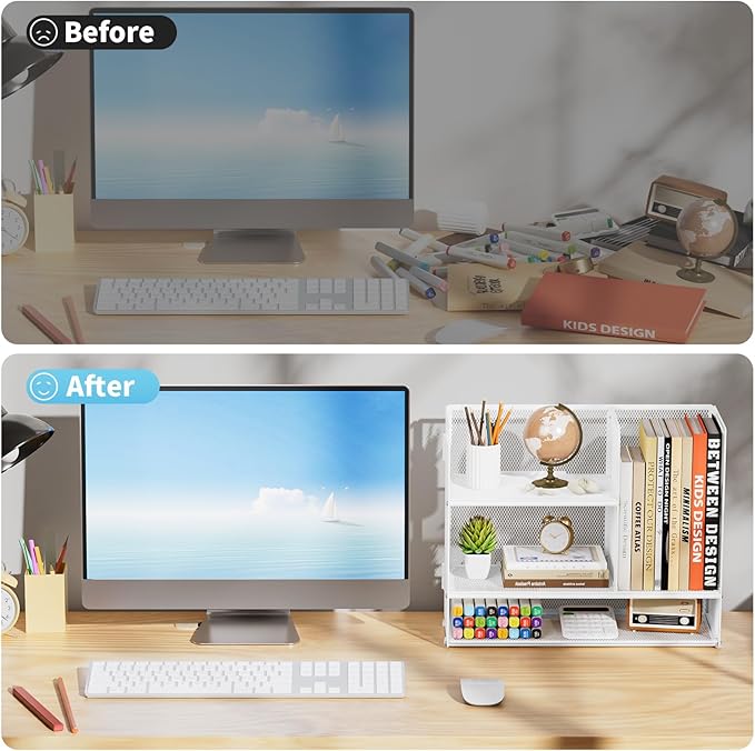 Marbrasse 3-Tier Desk Shelf Organizer with Handle, Desktop Bookshelf File Holder, Mesh Display Shelf Organizer Storage Rack for Office, Home, Supplies, Kitchen (White)-DeskLoop Office