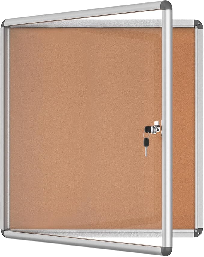 28"x26" Enclosed Bulletin Board, Lockable Weather-Resistant Aluminum Cork Noticeboard for School & Office, Silver Frame w/Cork-DeskLoop Office