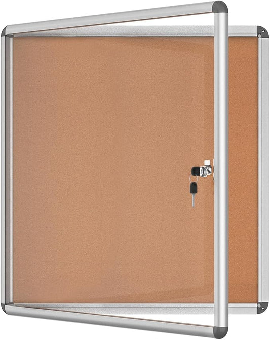 28"x26" Enclosed Bulletin Board, Lockable Weather-Resistant Aluminum Cork Noticeboard for School & Office, Silver Frame w/Cork-DeskLoop Office