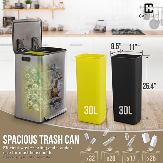 CAPHAUS Dual Trash Can with Lid, Trash and Recycling Bins Combo for Kitchen, Hands-Free Stainless-Steel Garbage Can with 2 Compartment, Hinged Lid, Odor Filter, Handles, 30L+30L, 2 x 8 Gallon-DeskLoop Office