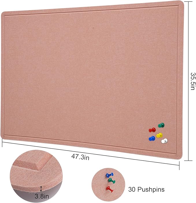 Large Bulletin Board - 48 X 36 inches Decorative Felt Pin Board - 4' x 3' Cork Board Alternative for Wall - Foldable Photo Board Self-Adhesive Vision Board Prayer Board with 30 Pushpins - Pink-DeskLoop Office